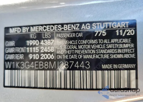 2021 Mercedes-Benz A 220 z USA, uszkodzony, nr VIN W1K3G4EB8MJ287443